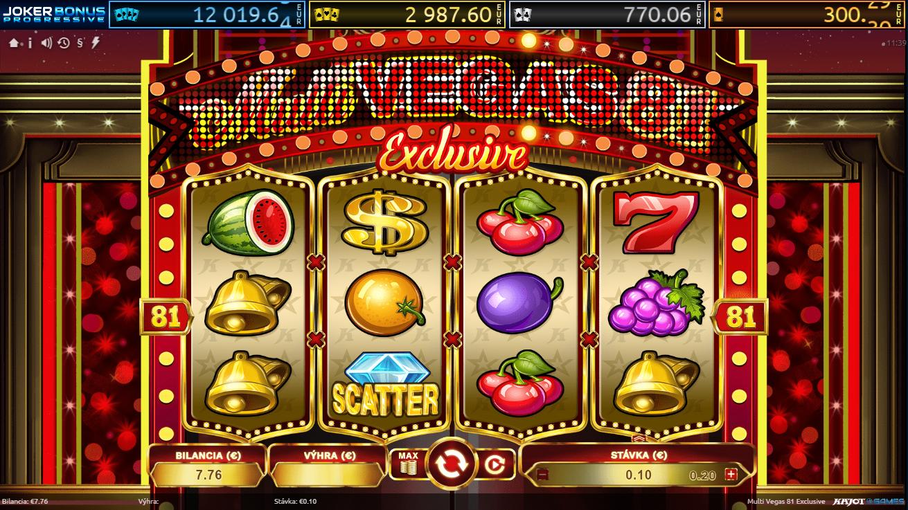 Screenshot z hry Multi Vegas 81 Exclusive, kde sú symboly ovocia, doláru či scatteru.