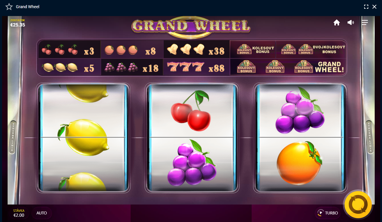 Screenshot z hry Grand Wheel, na ktorom so symboly ovocia.