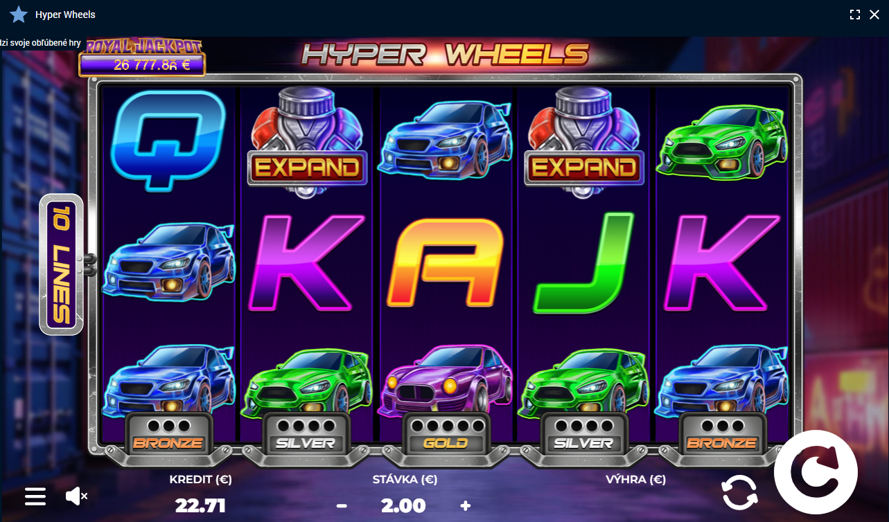 Screenshot z hry Hyper Wheels, na ktorom so symboly písmen K, Q, A, J či auta a motora.