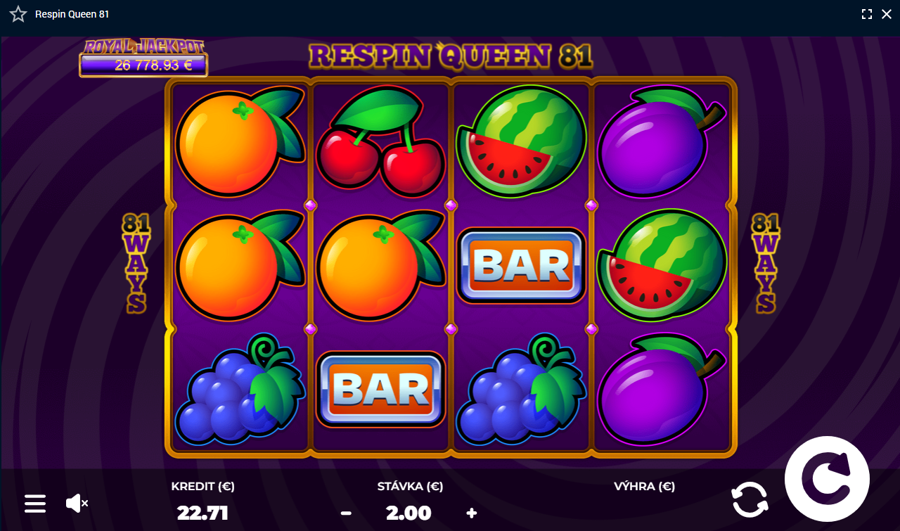 Screenshot z hry Respin Queen 81, kde sú symboly ovocia a BAR-u.