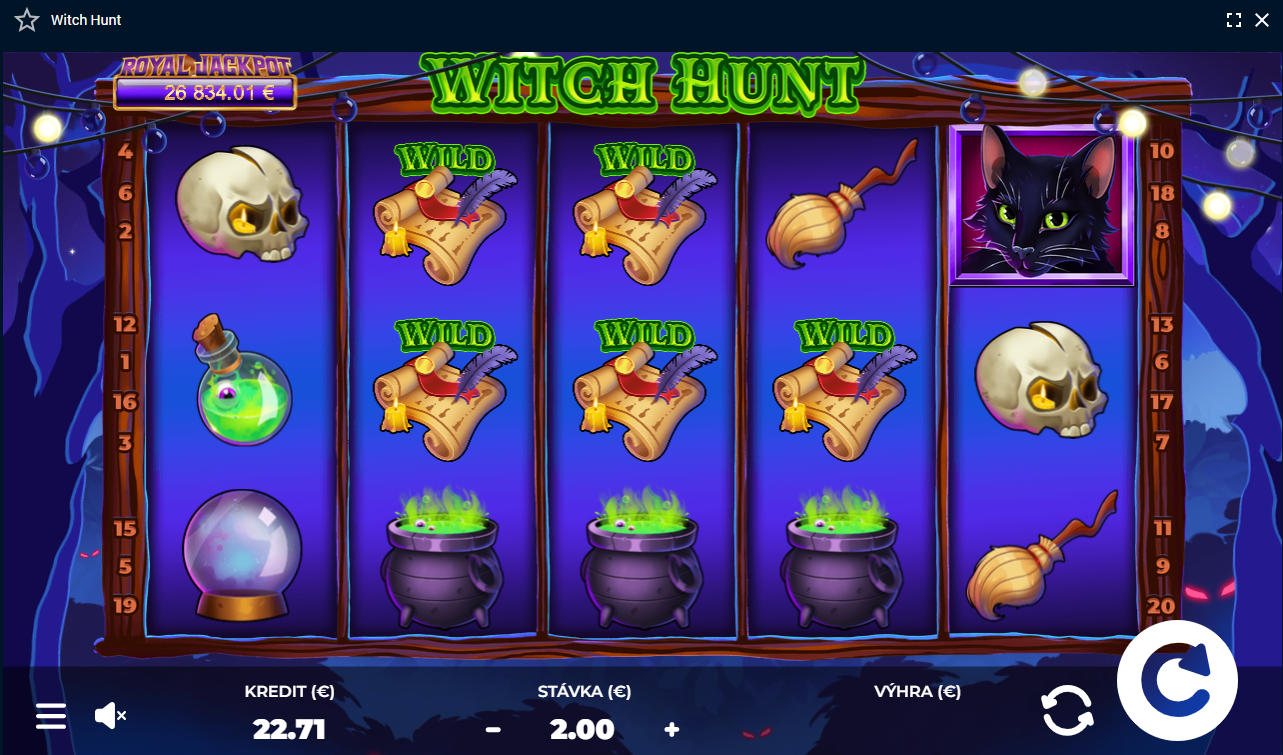 Screenshot z hry Witch Hunt, kde sú čarodejnícke symboly ako elixír, kotol, metla či mačka.