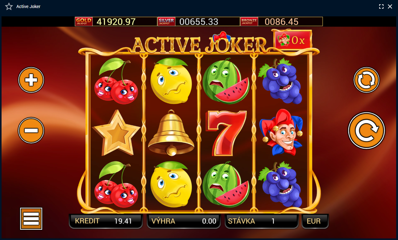 Screenshot z hry Active Joker, na ktorom sú valce obsahujúce symboly ovocia a žolíka.